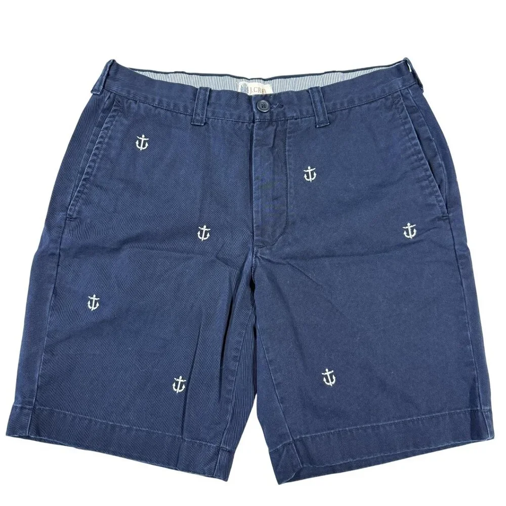 J.Crew Nautical Anchor Embroidered Chino Shorts Mens 31 Preppy Navy Blue Coastal